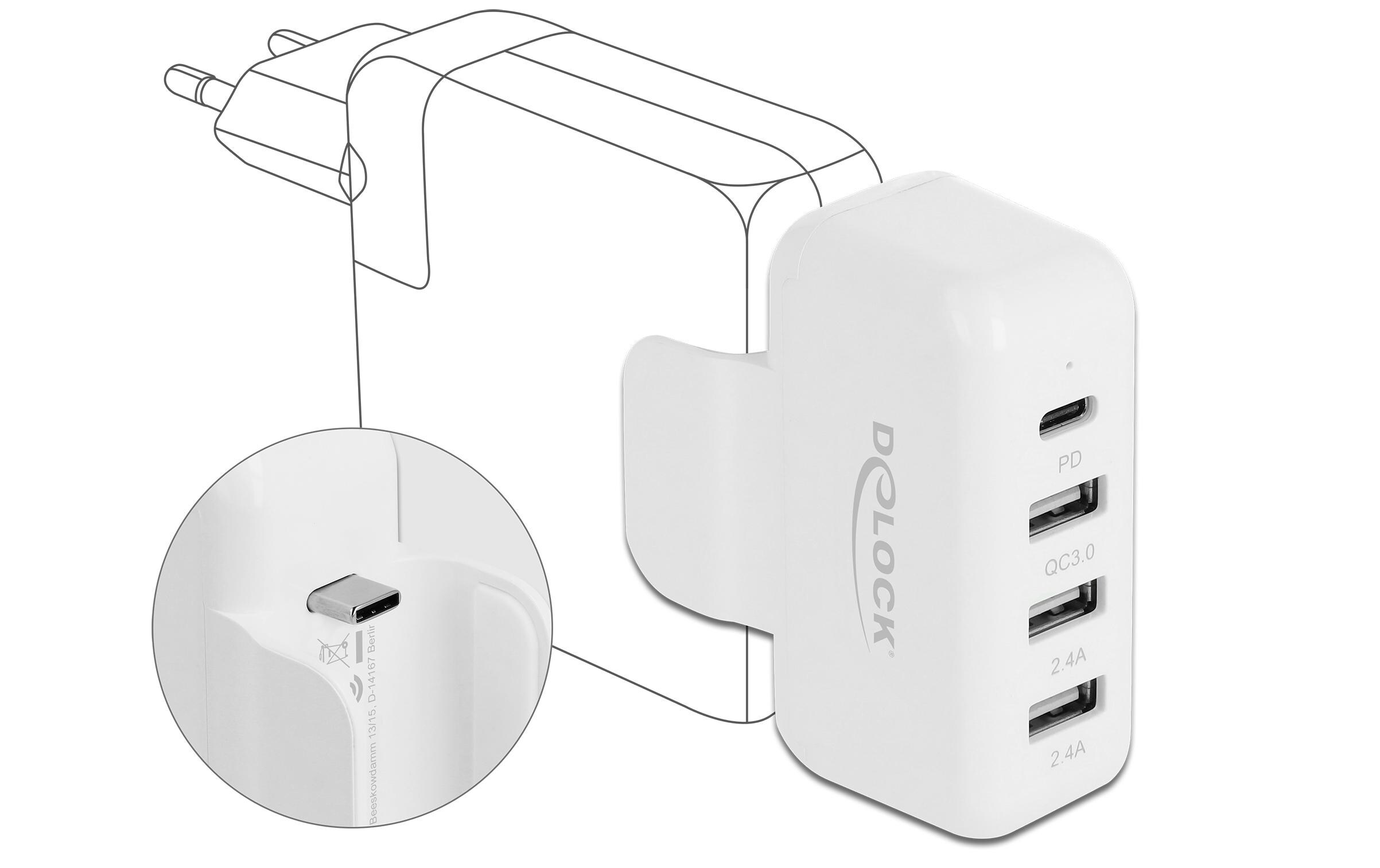 USB-Wandladegerät Apple Adapter 4x USB, PD & QC 3.0Delock Adapter für Apple Netzteil mit PD und QC 3.0