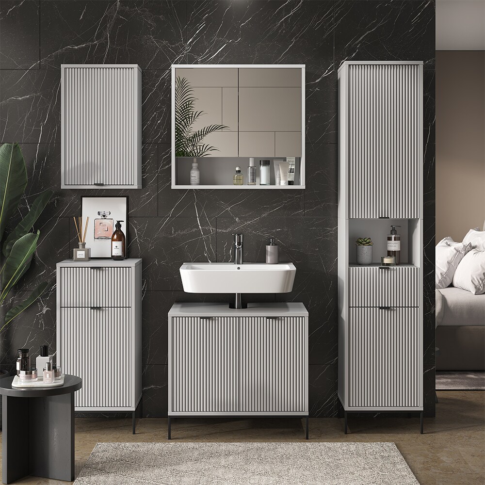 Vicco Badmöbel-Set Eliza, Grau, Badezimmer, moderne Badserie, extravagante Fronten, Waschtischunterschrank, Spiegelschrank, Midischrank, Hängeschrank, Hochschrank