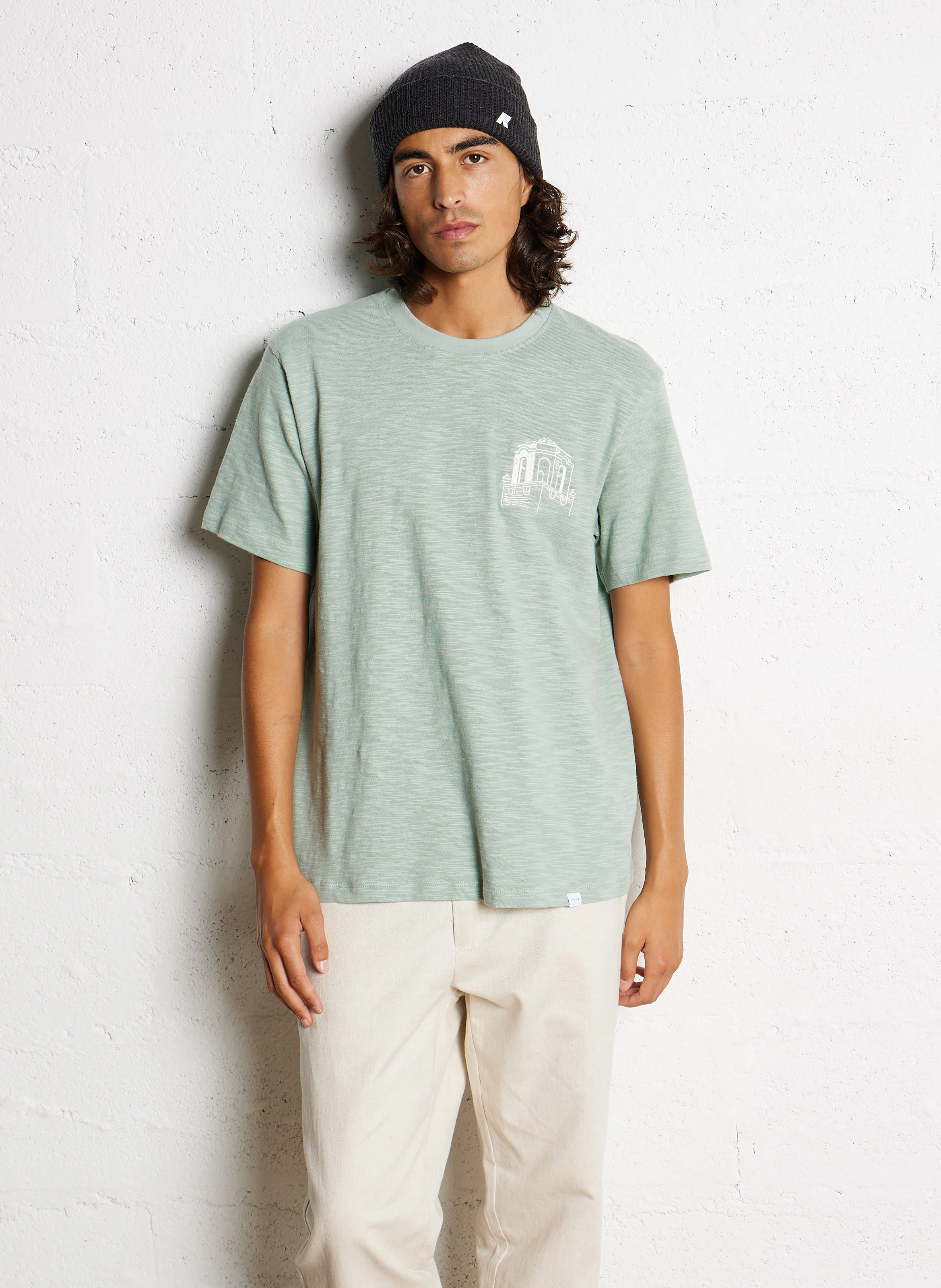 HOTEL - Tee-shirt col rond brodé en coton flammé | Vert