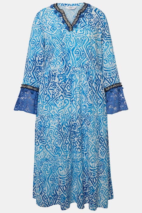 Maxikleid, A-Line, Alloverdruck, Tunika-Ausschnitt, 3/4-Ärmel