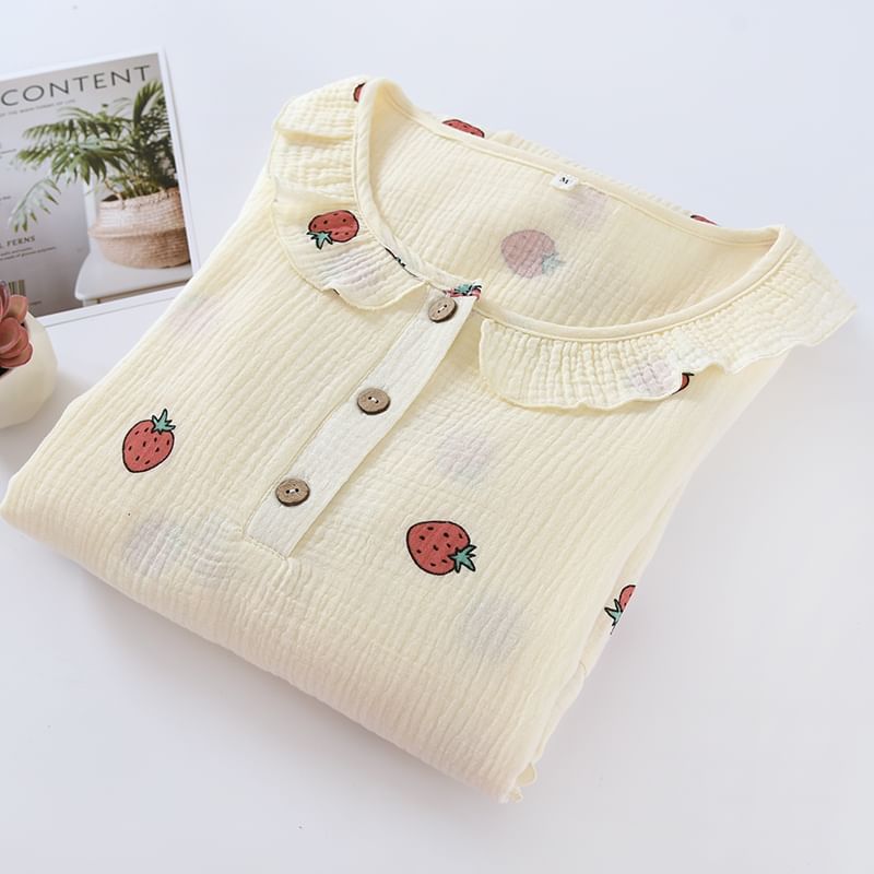 Dogini - Midi-pyjamajurk met pofmouwen en aardbeienprint