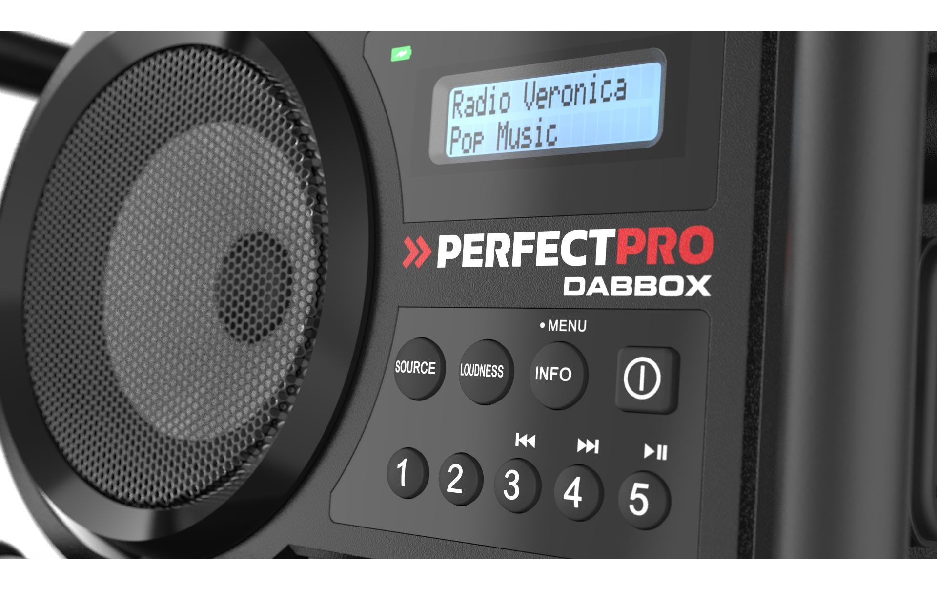 Baustellenradio DABBOX Schwarz<br>Der Klassiker: Warmer Klang aus einem extra grossen 5-Zoll-Lautsprecher, verfügt über modernste Technik