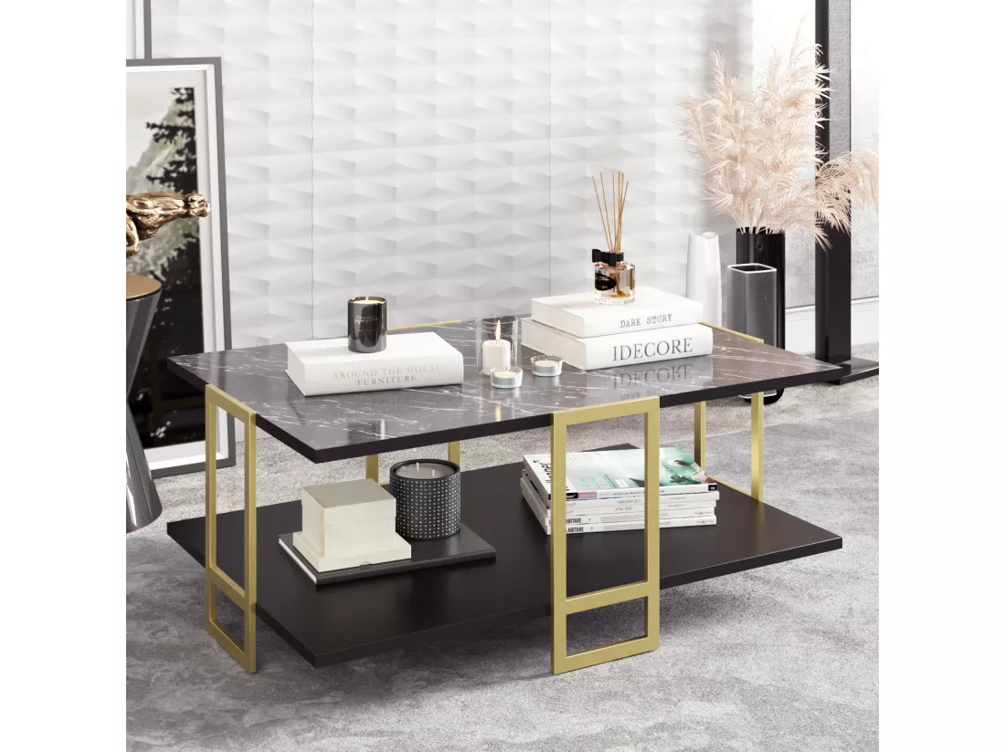 Table basse Polka avec cadre métalique doré (Effet marbre noir et Doré)