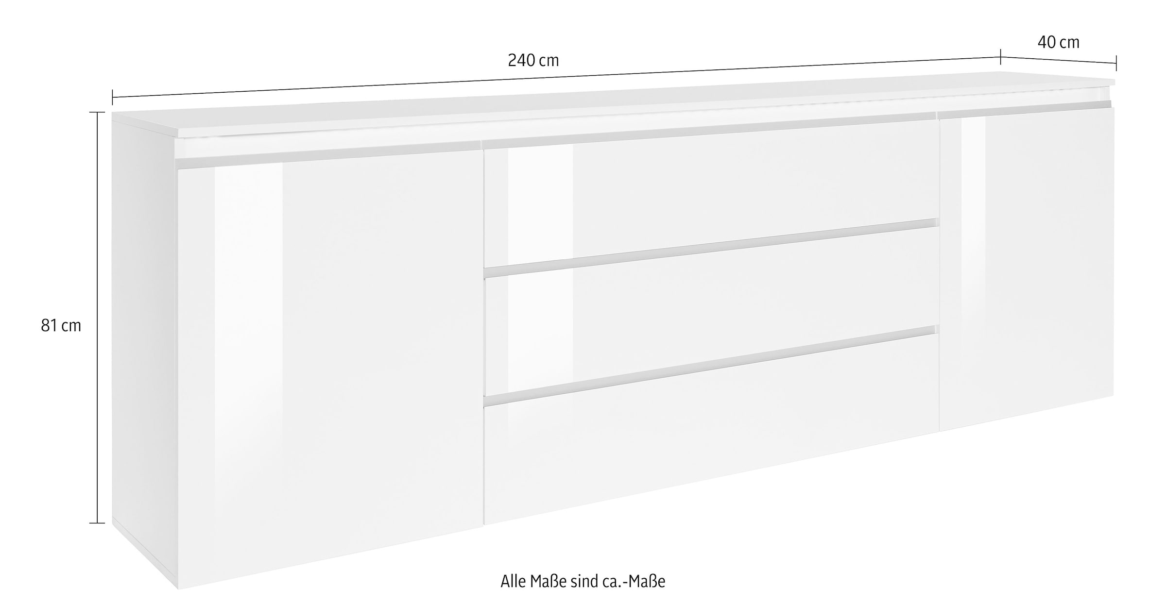 INOSIGN Sideboard »Magic, Kommode, Schrank, Kredenz« mit 2 Türen und 3 Schubkästen Hochglanz lackiert (B/T/H) 240x40x80 cm