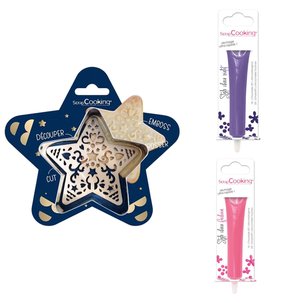 Kit pour biscuit en relief Étoile + 2 Stylos au chocolat violet et fuc