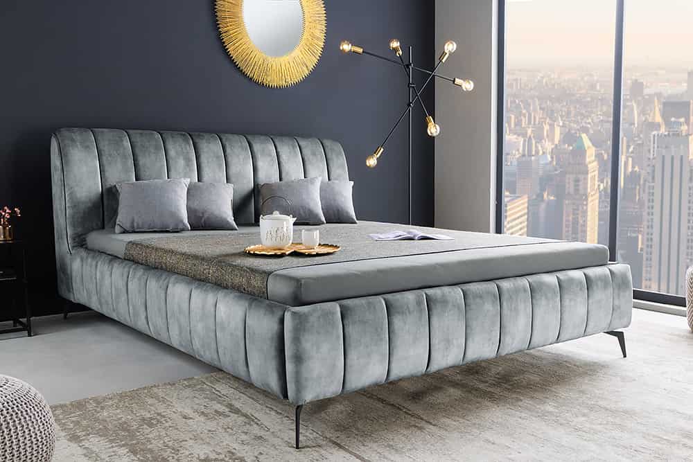 Retro Bett AMSTERDAM 180x200cm grau Samt schwarz Metall Polsterbett