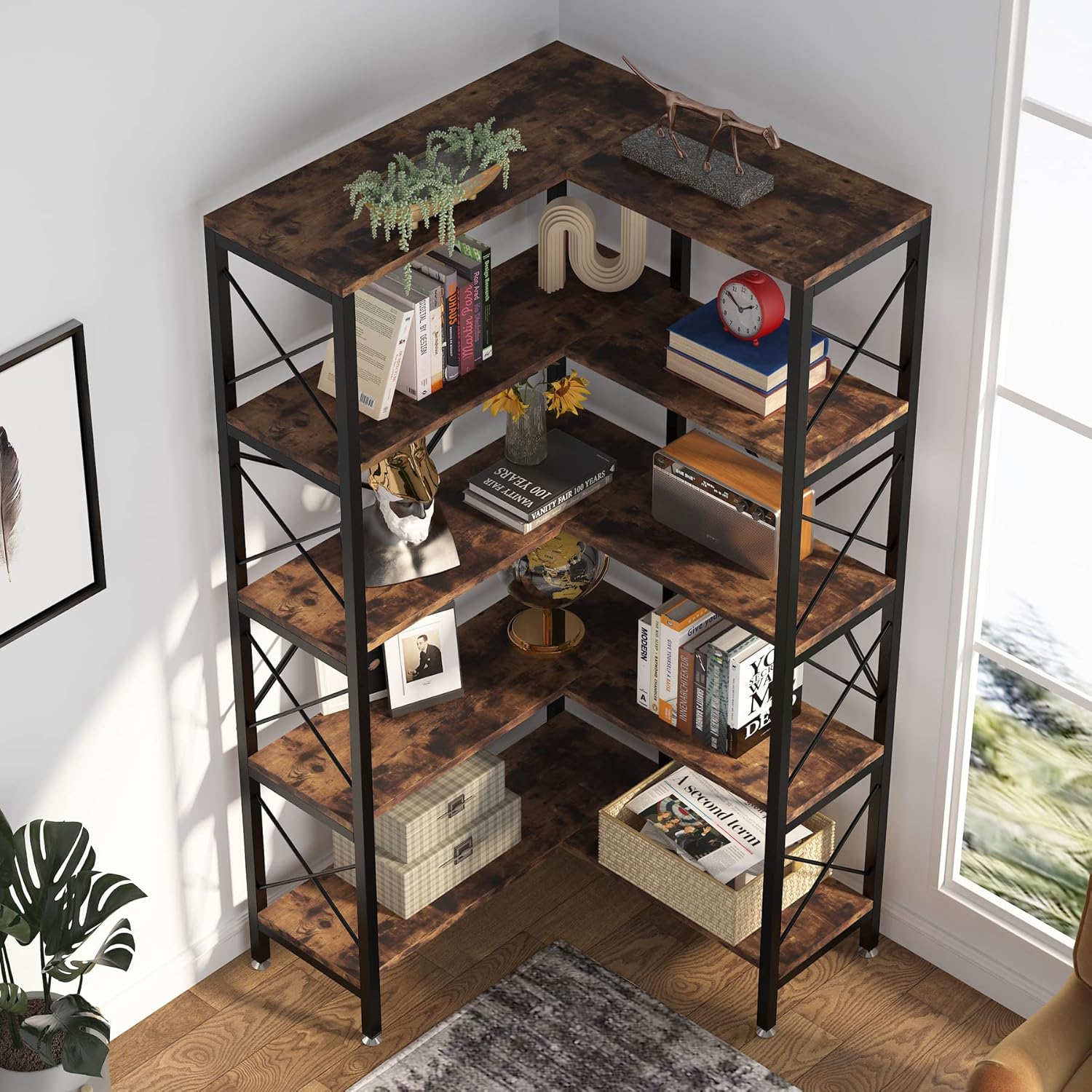 Tribesigns 5 Regal Eck-Bücherregal, großes modernes Eck-Bücherregal, 5-stöckiges hohes Eckregal, Aufbewahrungsregal mit Metallrahmen für Wohnzimmer, Heimbüro (Braun)
