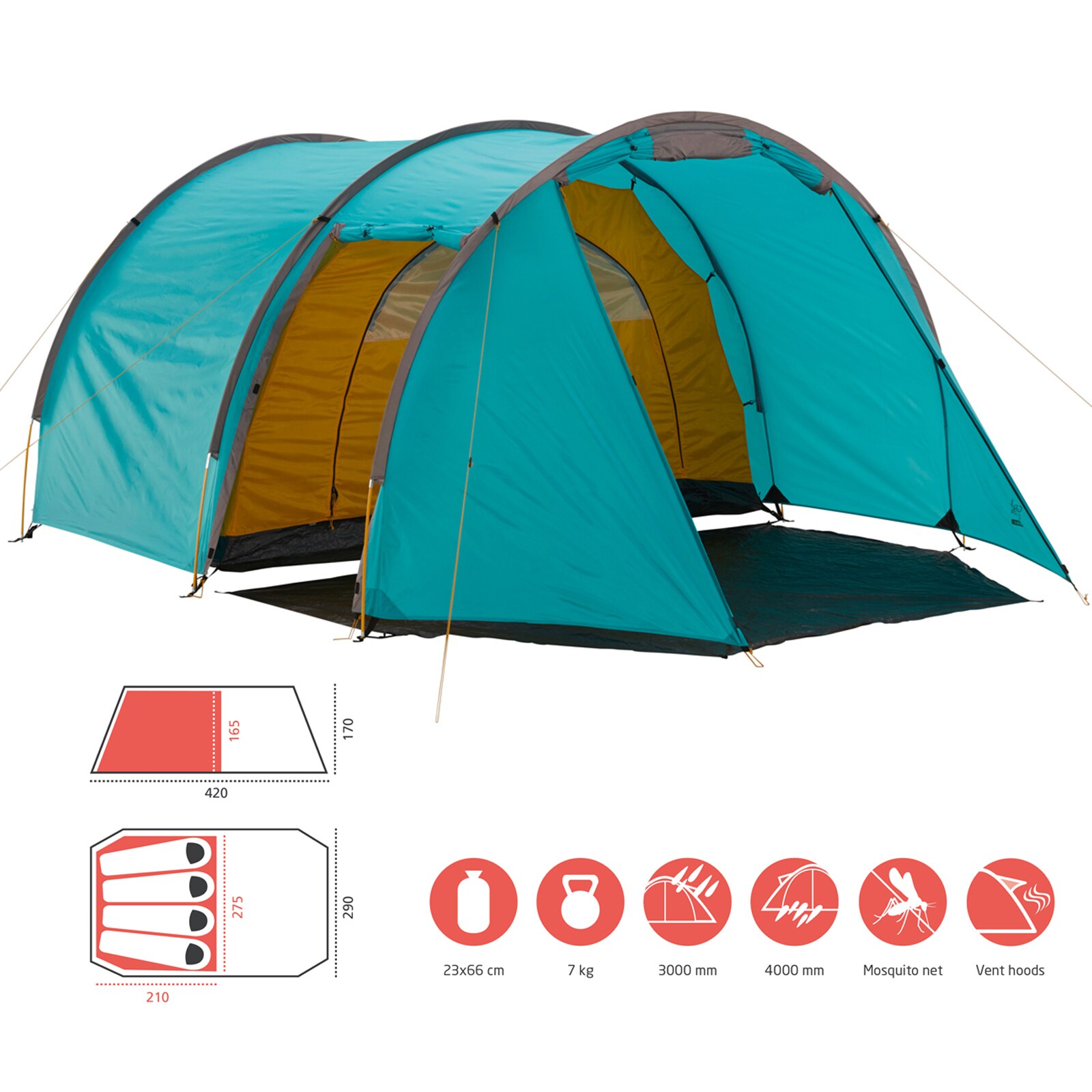 GRAND CANYON Tunelzelt Robson 4 Personen Zelt Familien Camping Leicht Vorraum Farbe: Blue Grass