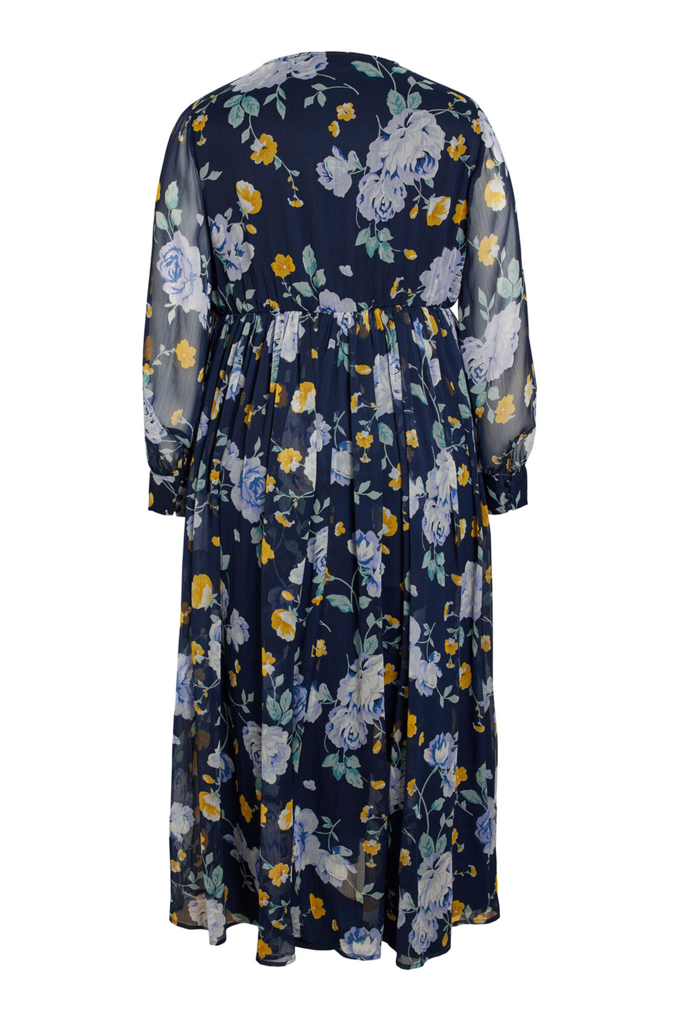 Vestido longo de chiffon estampado com mangas compridas da Evoked by Vila - Azul Marinho