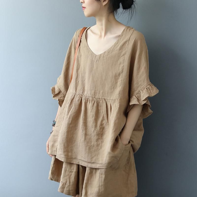 ZIMO - Set: Blouse met V-hals, elleboogmouwen en ruches + Shorts met elastische taille