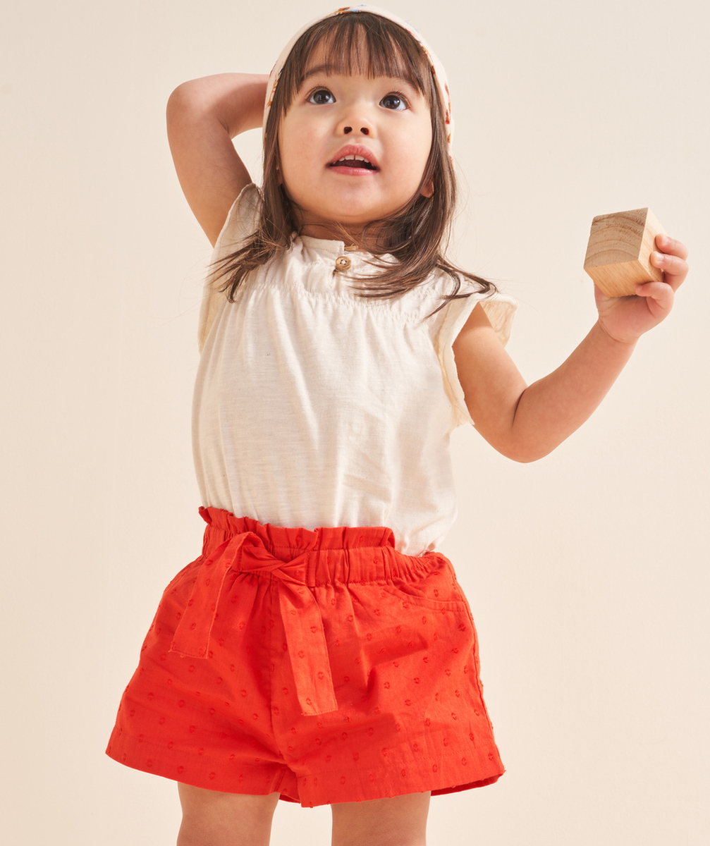 SHORT BÉBÉ FILLE EN COTON BIO ROUGE ET PLUMETIS