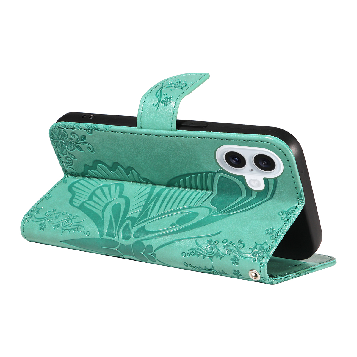 iPhone 17 Leder Tasche Flip Cover Schmetterlinge Imprint - Türkis