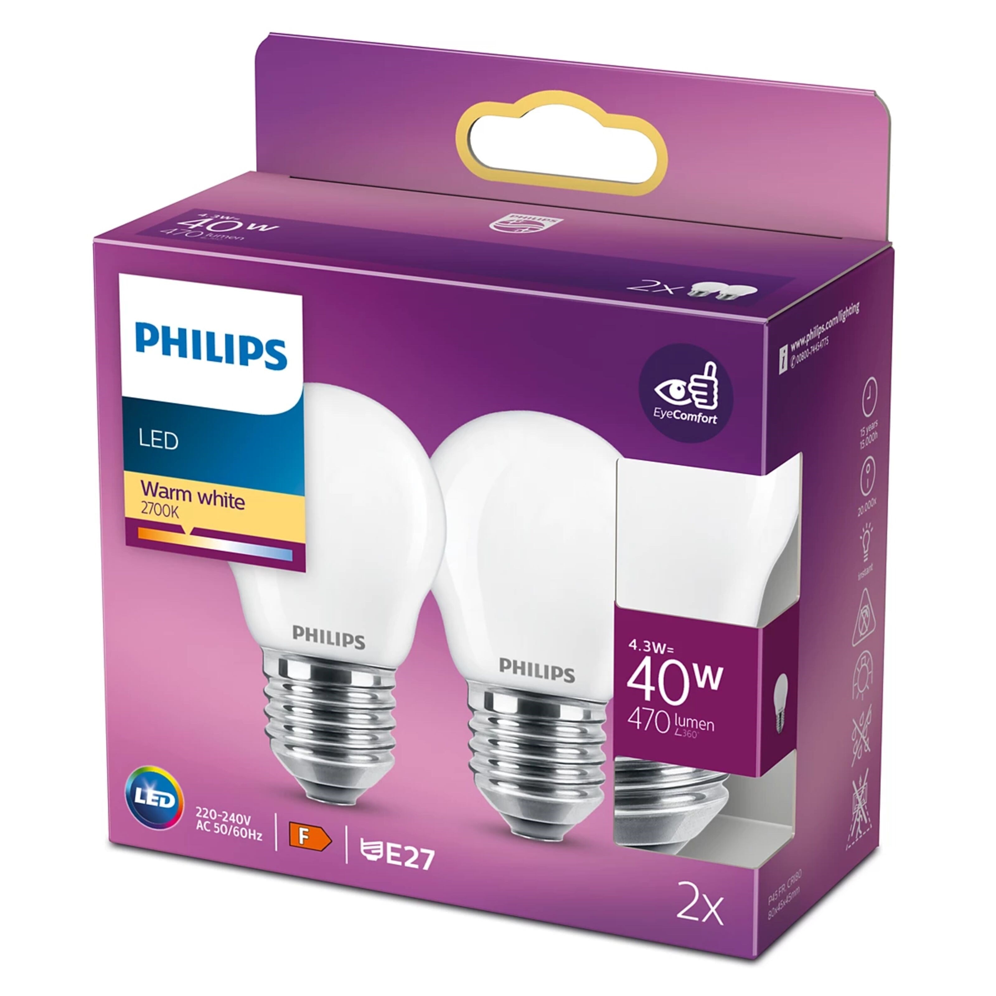 Philips Philips Kuleformet frostet LED-pære E27 470 lm 2-pk.