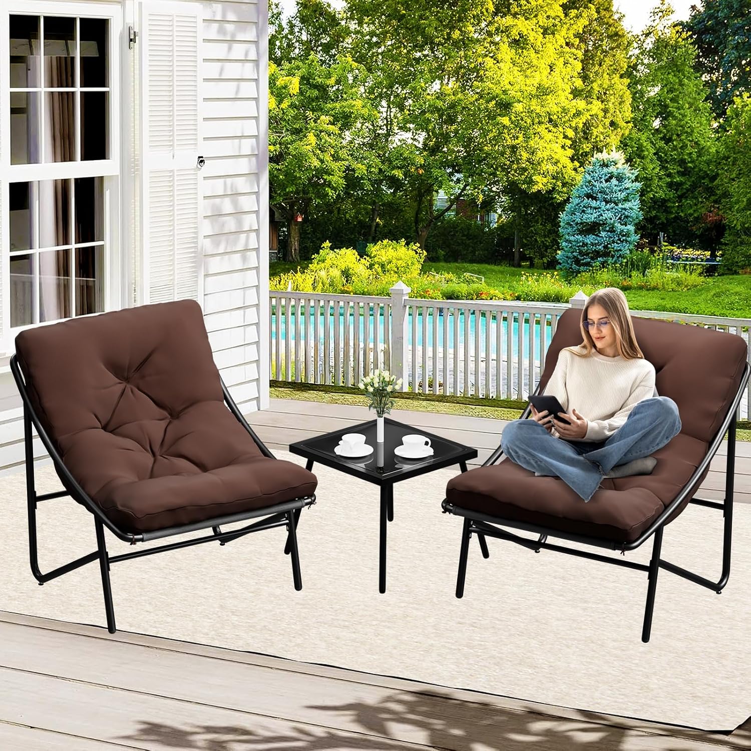 BalkonmöBel Set 3 Teilig, BalkonmöBel Set für Kleinen Balkon, Balcony Furniture mit Glastisch & Stahlgestell, Balkon Set 2 Personen, Garden Furniture Sets für Hof, Terrasse, Innen, AußEn (Braun)
