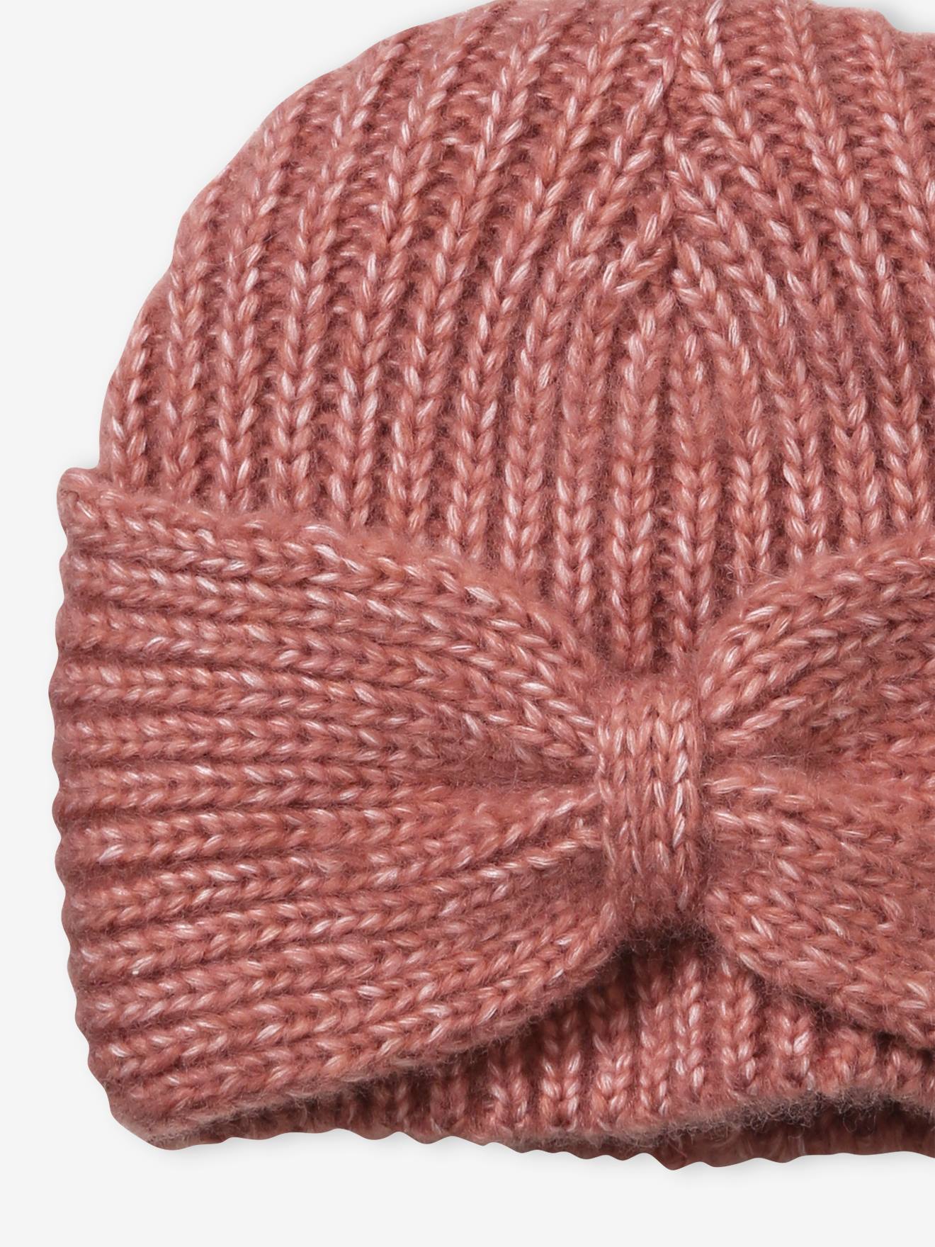 Gorro de malha canelada com laços elegantes, bege mesclado para menina