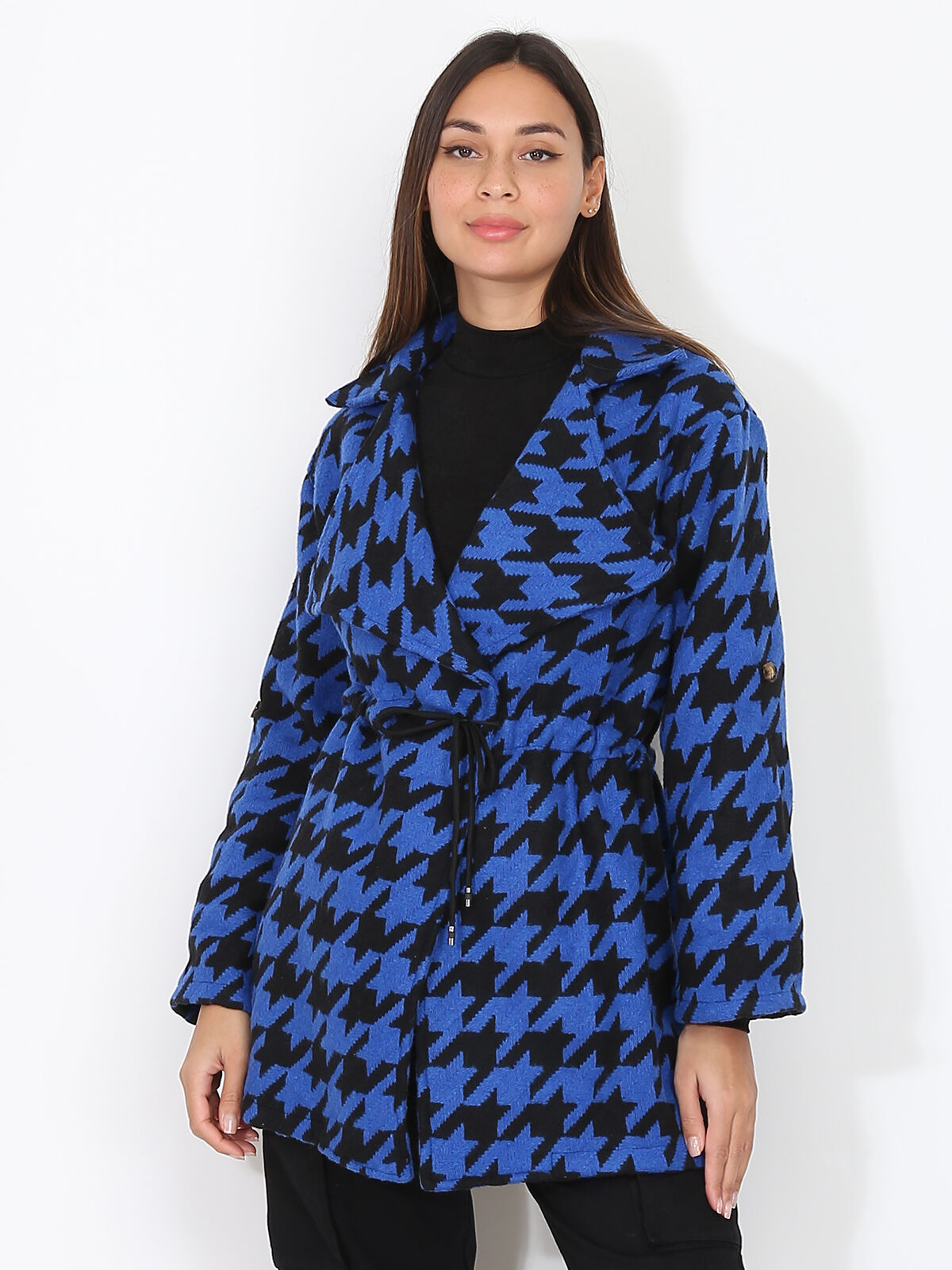 Manteau court à motif pied-de-poule- noir_bleu