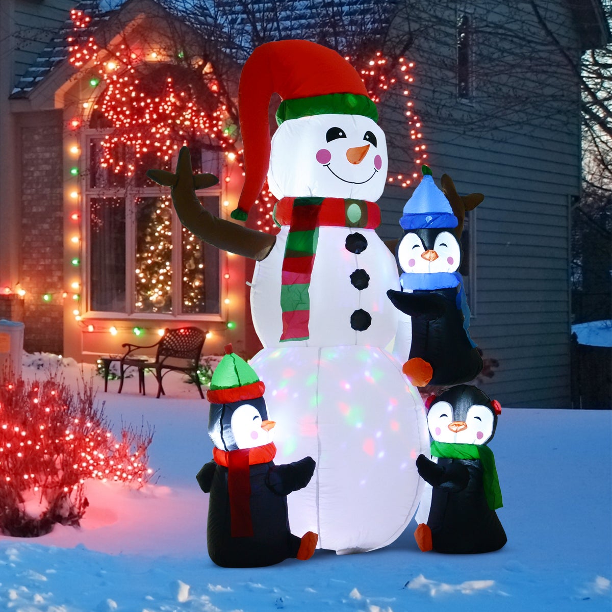 HOMCOM Opblaasbare kerstsneeuwpop met 3 pinguïns, LED's, 140 x 70 x 180 cm, polyester, veelkleurig