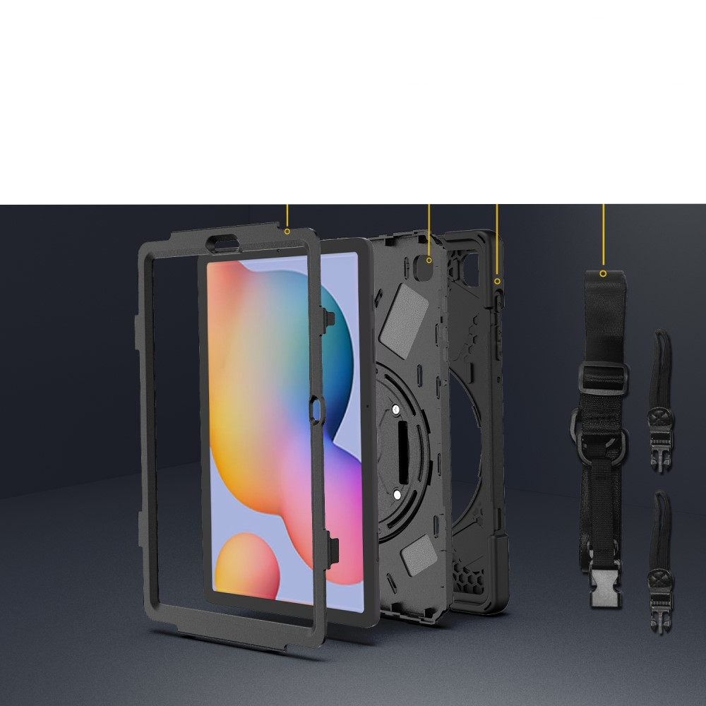 Samsung Galaxy Tab S6 Lite (2024/2022/2020) Hybrid Outdoor Case Hülle Handschlaufe   Schultergurt - Schwarz