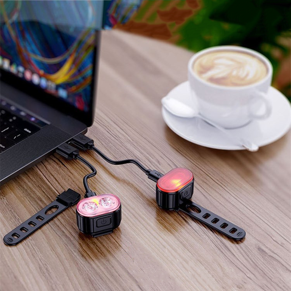 (2er Set) Wiederaufladbares USB Fahrrad Warnlicht Velo LED Front- und Rücklicht IPX4 - Schwarz