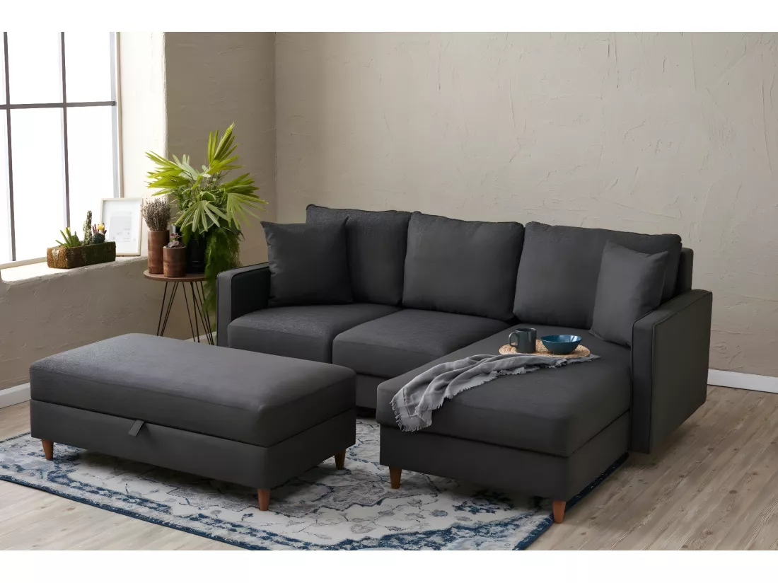 Canapé d'angle à droite convertible avec pouf-coffre Evania Tissu Gris anthracite