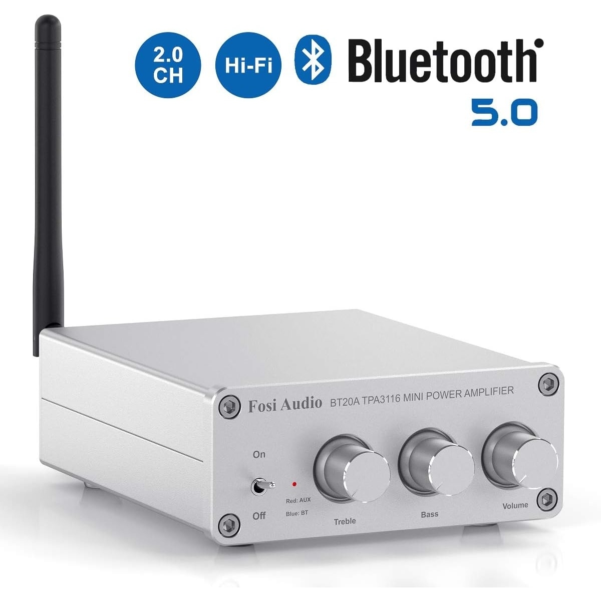 Fosi Audio Bluetooth 5.0 & R/L forsterker 100W x 2 med volum-, bass- og diskantkontroll, hvit