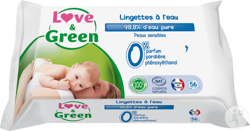 Love&Green Lingettes Hypoallergéniques À L'Eau Peaux Sensibles 56 Pièces
