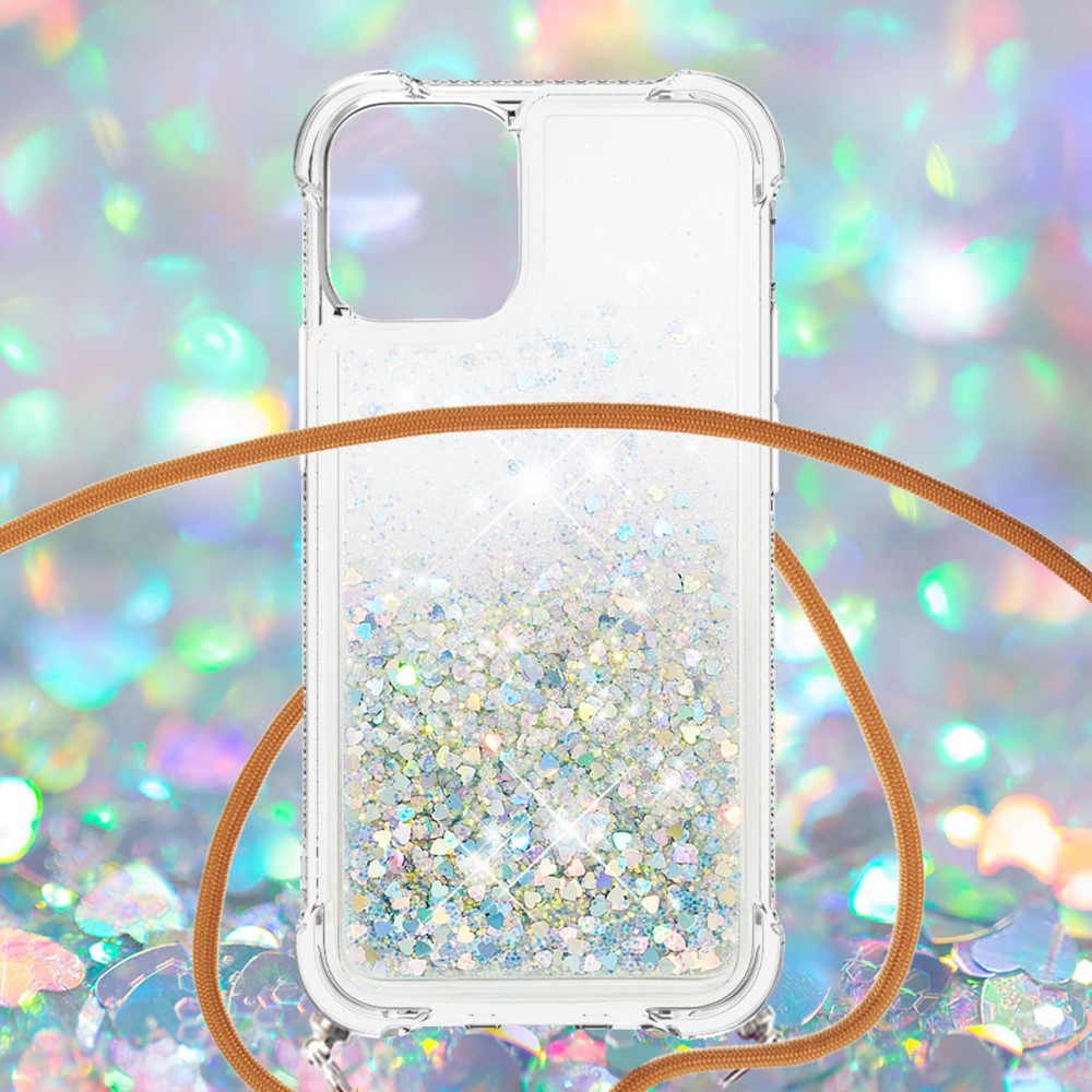 iPhone 13 Pro Necklace Gummi Hülle Liquid Glitzer   Handykette (130cm) - Braun / Silber