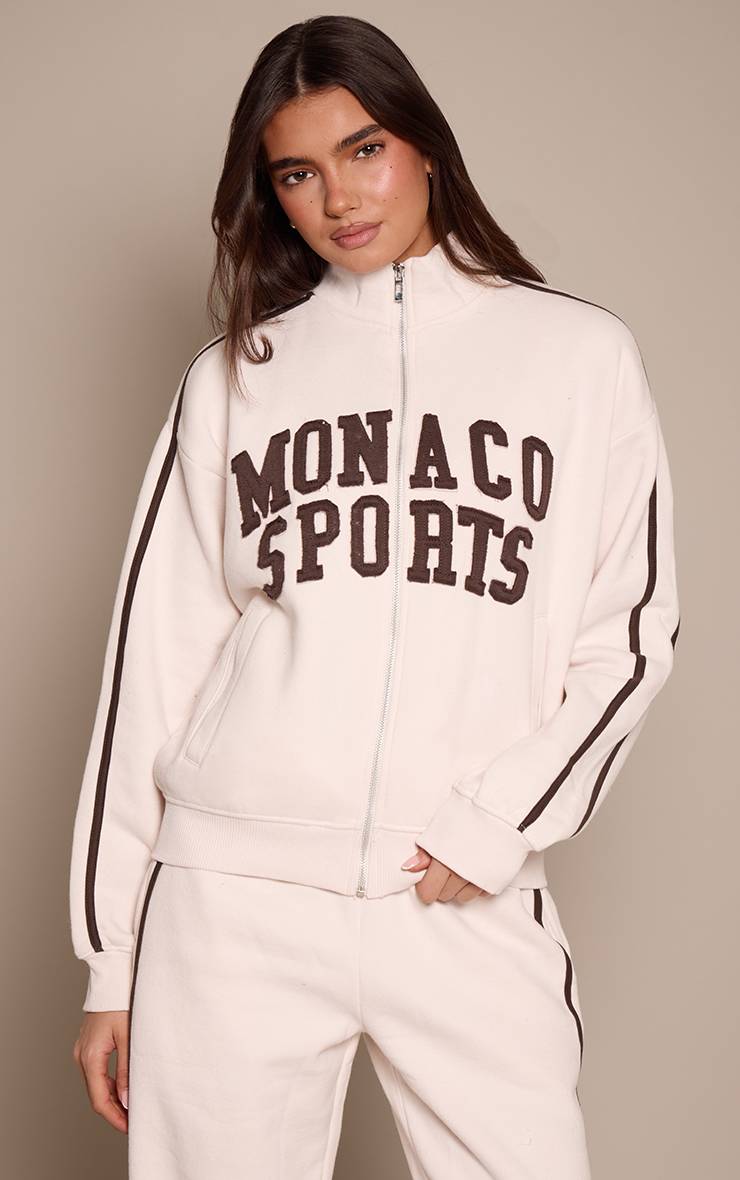 Crème Sweat Zippé Crème À Appliqué Monaco Avec Détails Contrastés