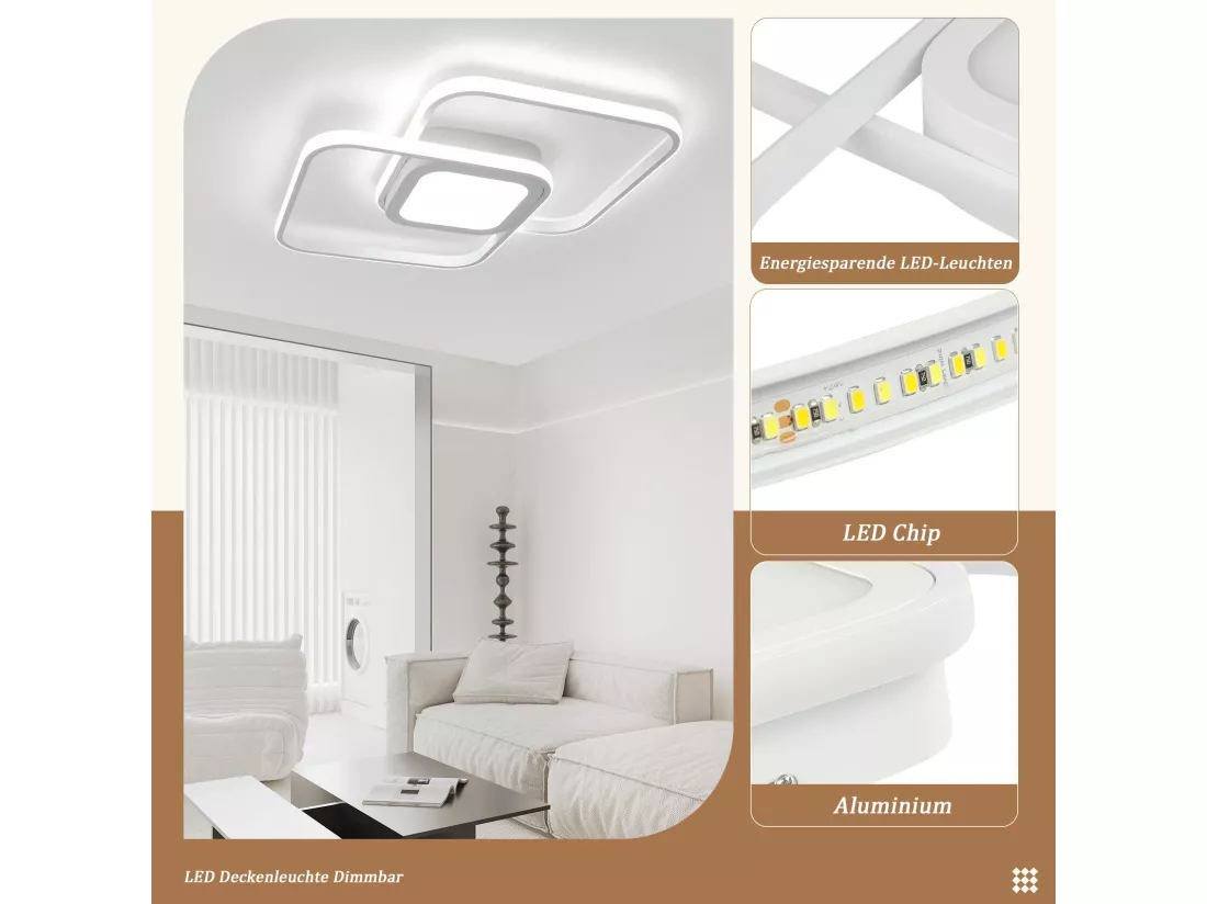 NETTLIFE Plafonnier LED 48W Métal Blanc Dimmable Moderne avec Télécommande pour Chambre Salon Cuisine Salle à Manger