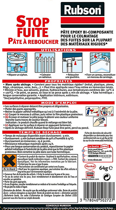 Pâte à reboucher Rubson Salle de bain Saine Stop fuite 64g
