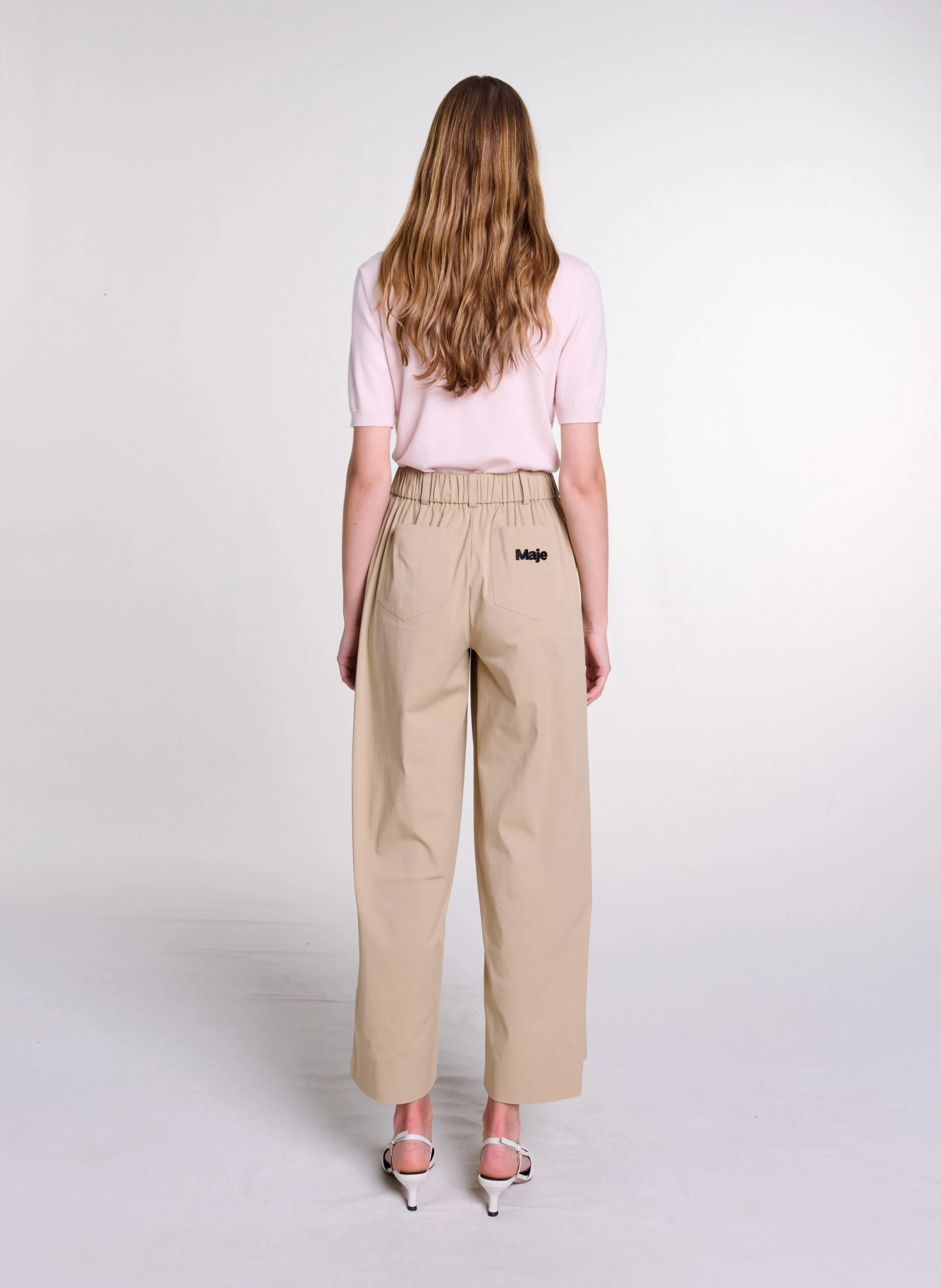Pantalon large en coton mélangé | Beige