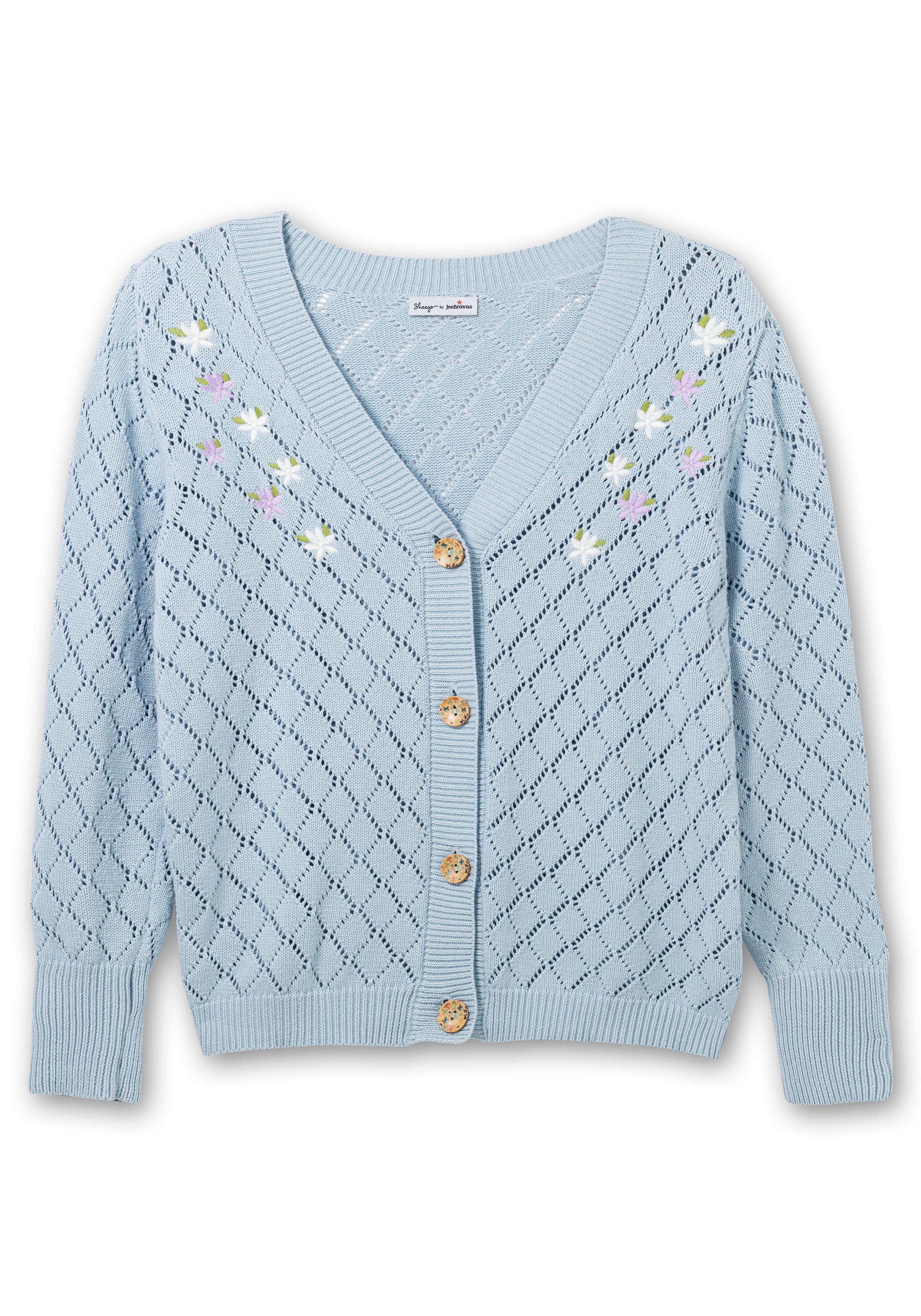 Strickjacke im Ajourmuster mit Blumenstickerei