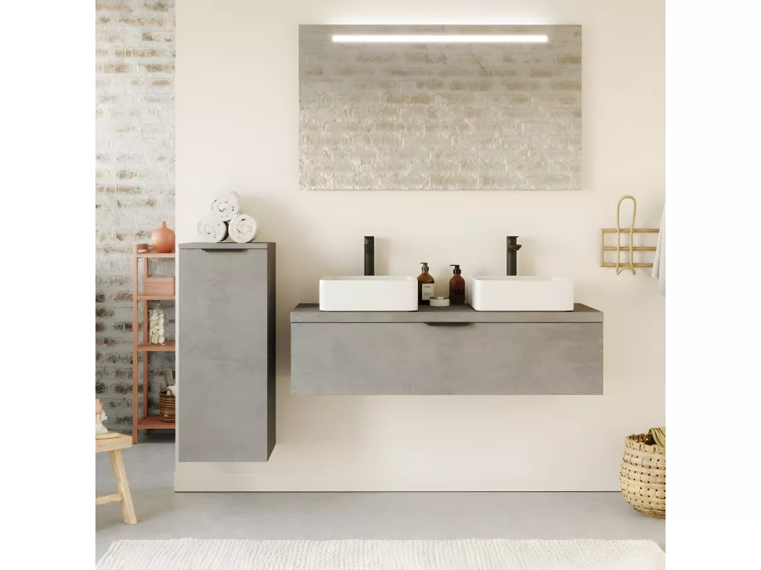 Meuble de salle de bain suspendu 2 vasques à poser 120cm 1 tiroir façon Béton - Venice