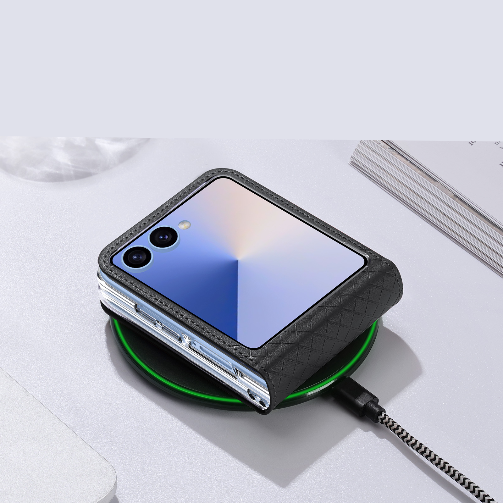 Samsung Galaxy Z Flip7 Wallet Cover Leder Tasche mit Aufstellfunktion - Schwarz