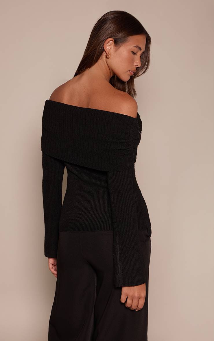 Noir Synthétiquell En Maille À Encolure Bardot Rabattue