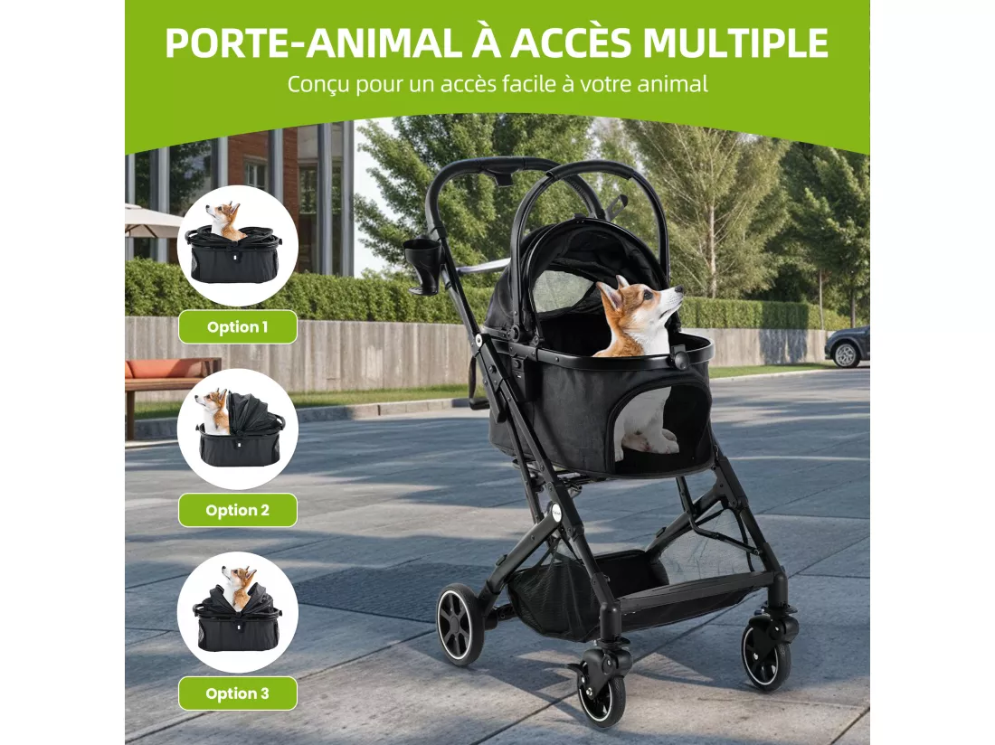 YITAHOME Poussette Chien pour Chien Chat - 15.9kg - avec Panier de Rangement - 4 Roues - Pliable Portable - Noir