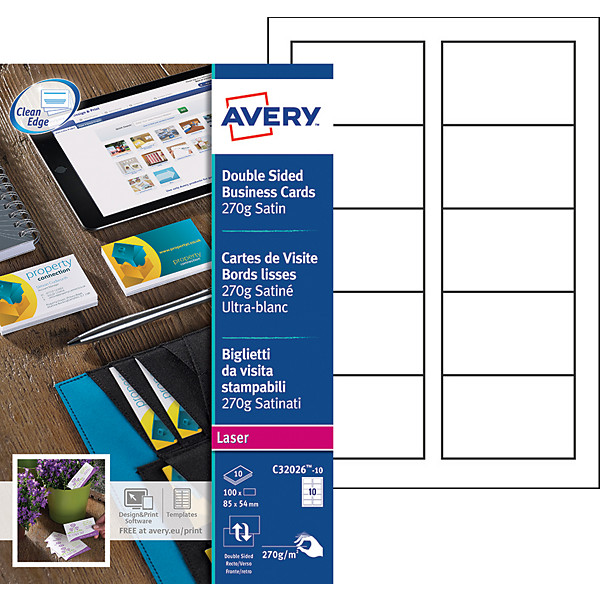 Avery C32026-10 - Cartes de visite blanches à bords lisses - 85 x 54 mm - Impression laser - paquet 100 unités