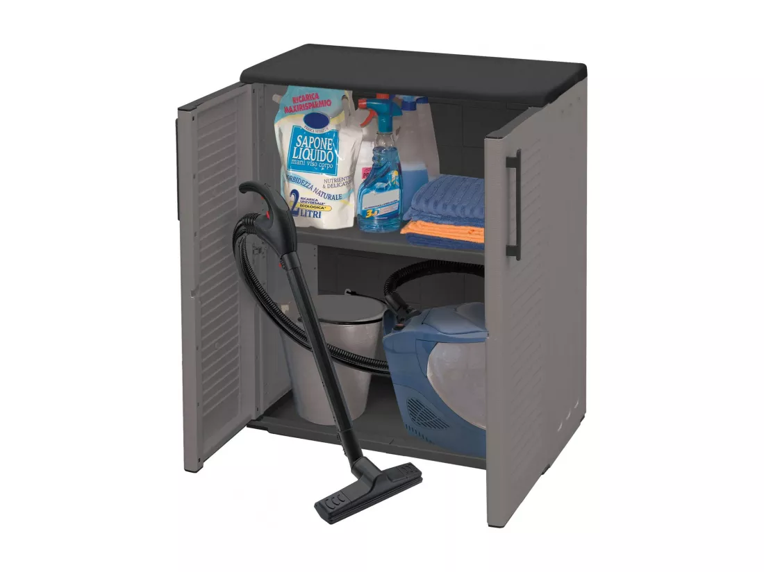 Armoire d'extérieur Mol, Armoire de balcon polyvalente, Armoire d'extérieur avec 2 portes, 100% Made in Italy, 68x37h84 cm, Finition rayée, Gris et Noir