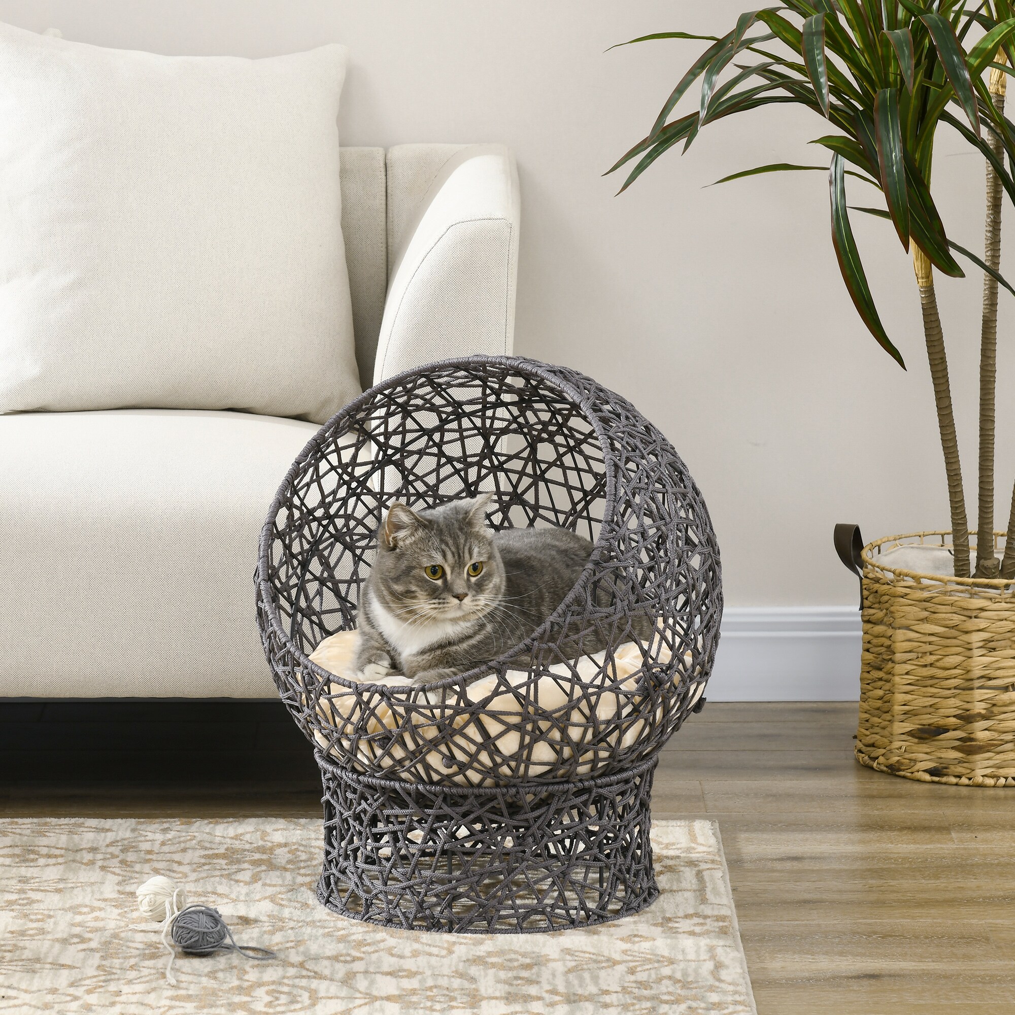 PawHut Katzenkorb mit Kissen grau, beige 50L x 50B x 60H cm