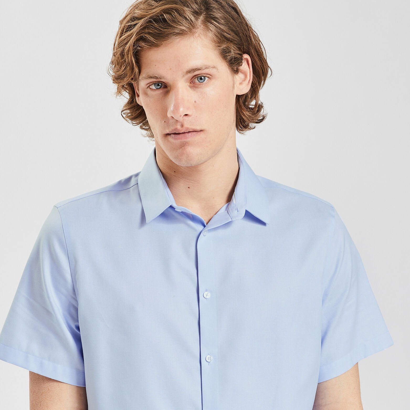 Chemisette regular sans repassage unie coton Bleu clair