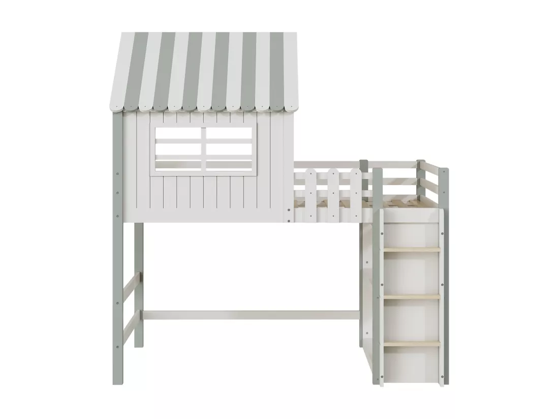 Lit mezzanine 90 x 200 cm - lit cabane avec échelle - Étagère de rangement - Bois massif - Vert