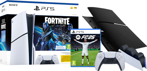 PS5 Slim Disc Edition + Fortnite Voucher + FC 25  + Covers Zwart + Extra Controller Wit