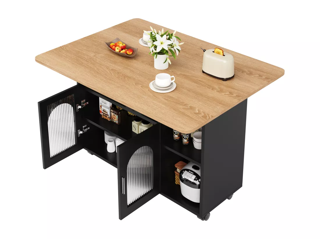 Ilot central de cuisine mobile avec 2 portes et étagères ouvertes - Plateau extensible - 120x30(70)x79.5cm - Bois MDF - Noir et naturel