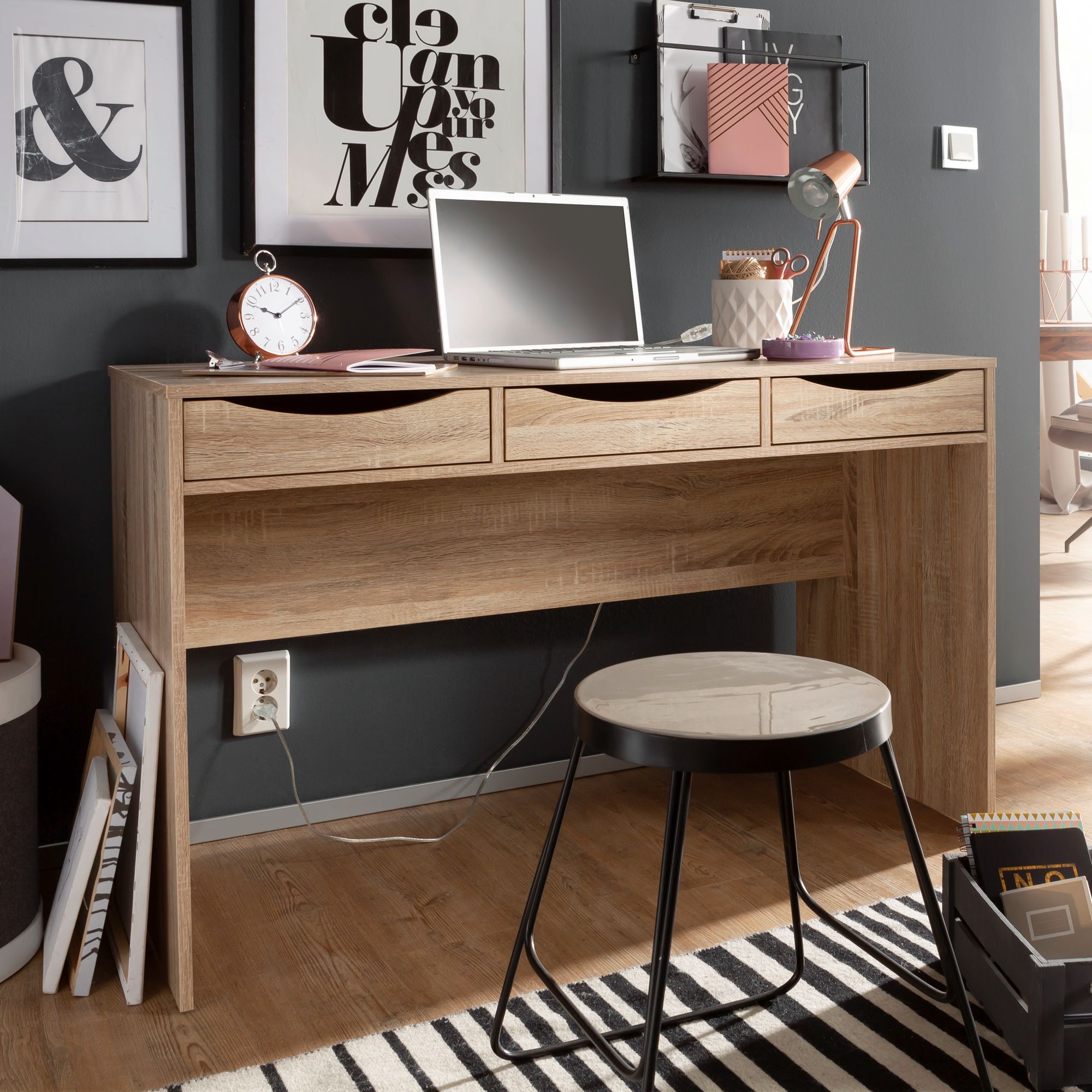 KADIMA DESIGN Schreibtisch Sonoma Eiche mit Schubladen - Praktische Blende, Stauraum, Stabile Seitenwände, Anti-Rutsch Pads, KADIMA DESIGN