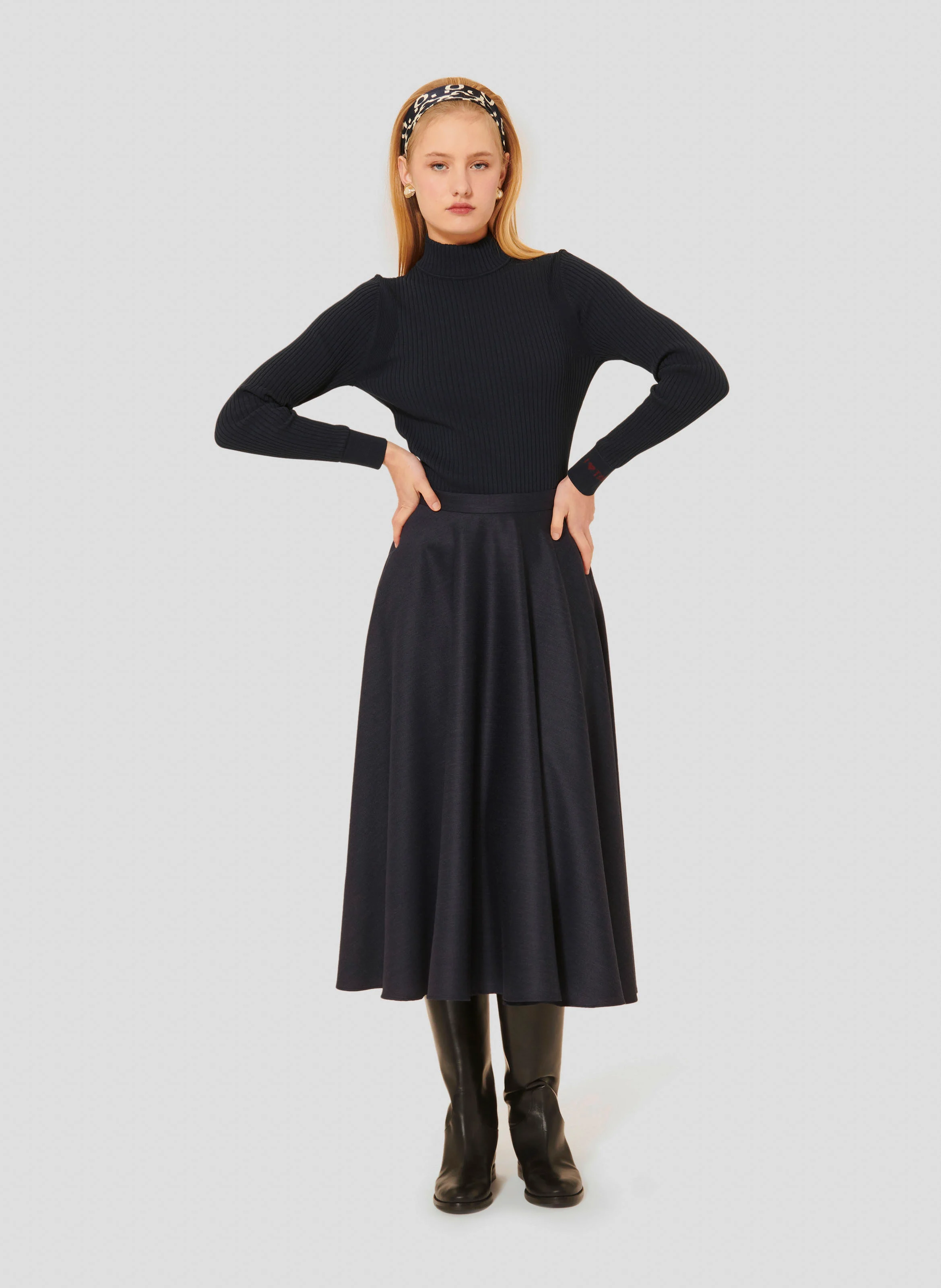 JACKIE - Jupe midi évasée en laine mélangée | Bleu