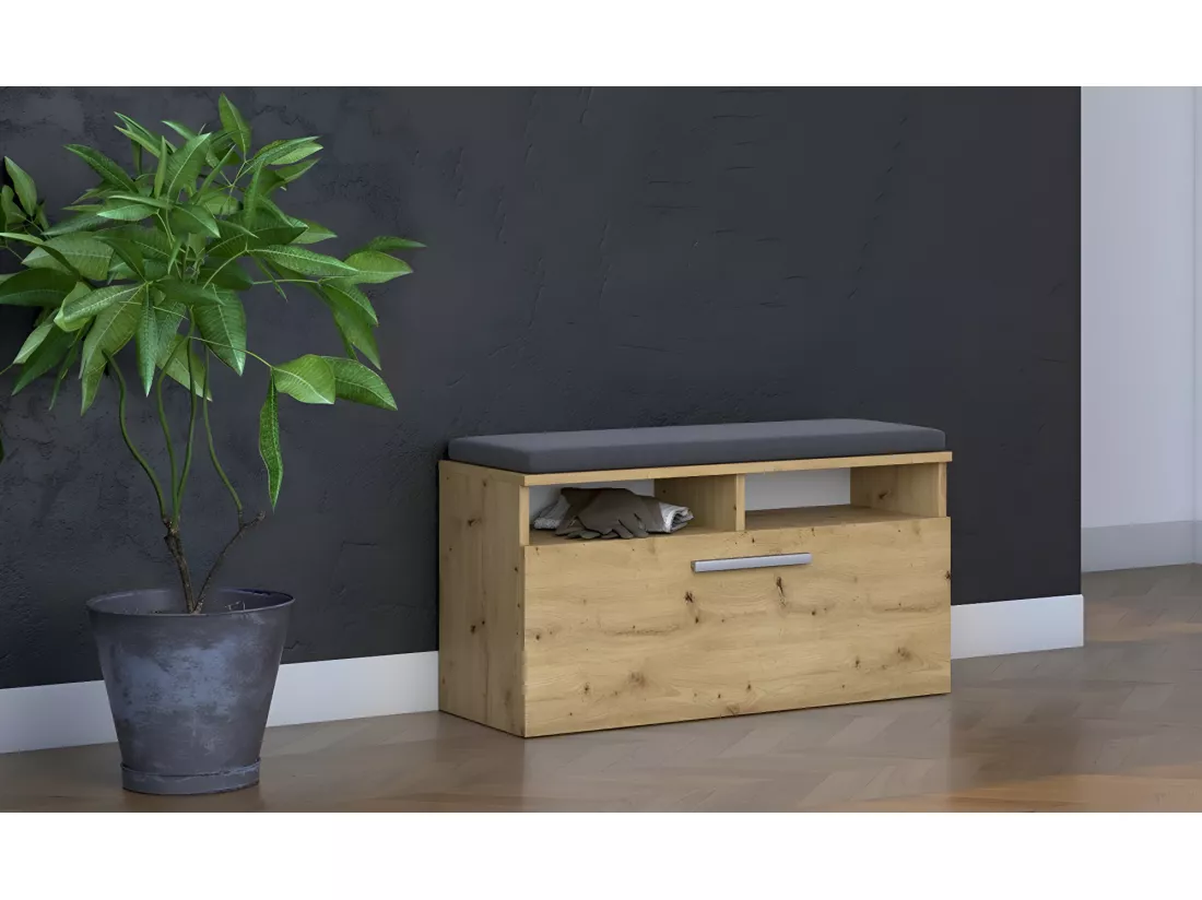 RIVI - Armoire à chaussures avec siège et rangement - Porte basculante - Dimensions : 46x85x35 - 6 étagères - Artisan