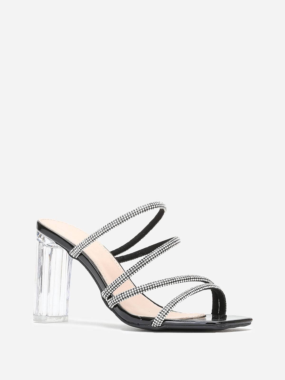 Mules à talon transparent et brides en strass- Noir