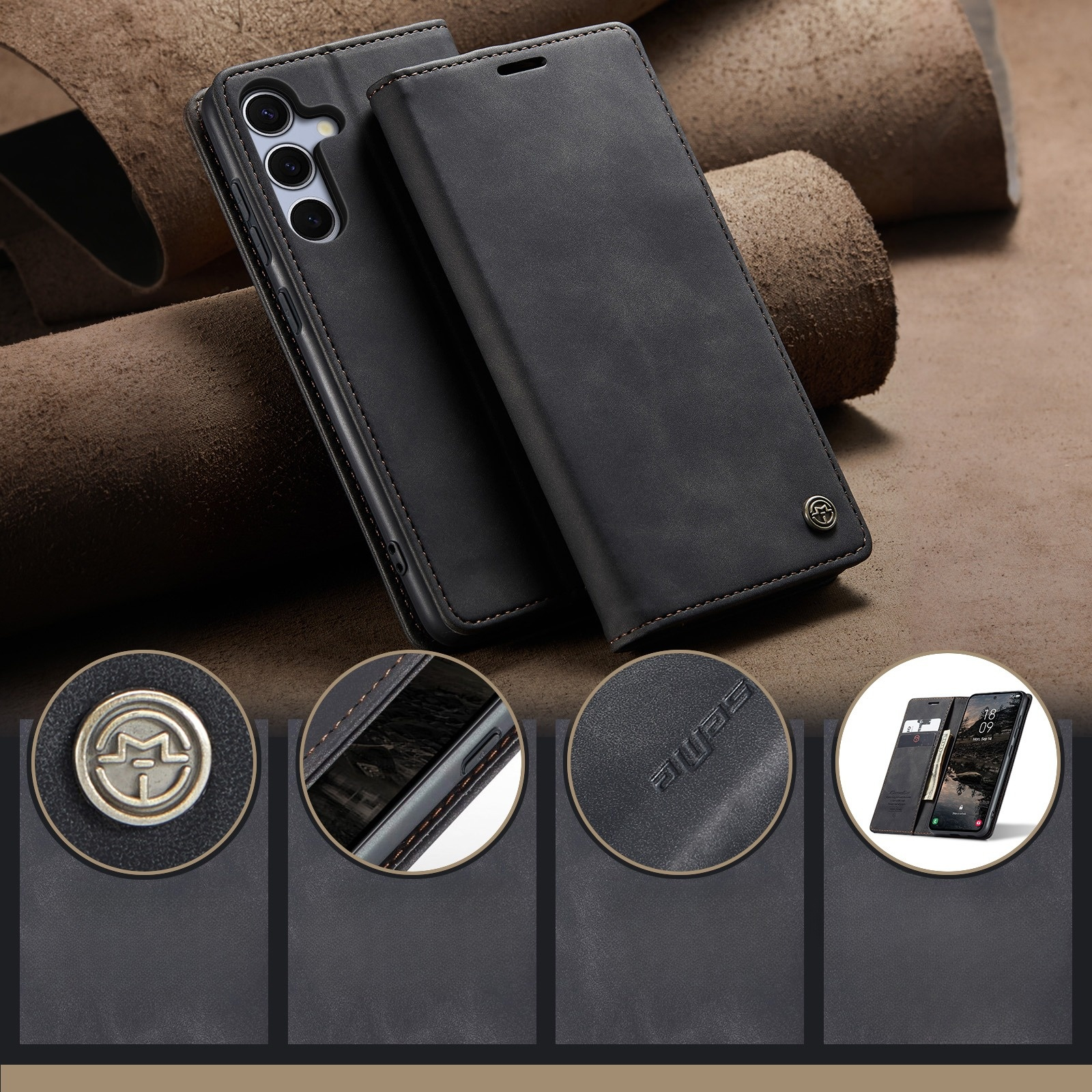 Samsung Galaxy S25 FE Leder Tasche Flip Wallet Etui mit Kartenfächern - Schwarz