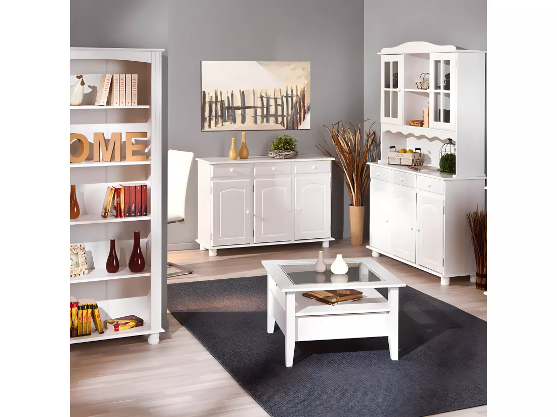 LAURIE - Buffet 3 Portes 3 Tiroirs Bois Massif Vernis Blanc