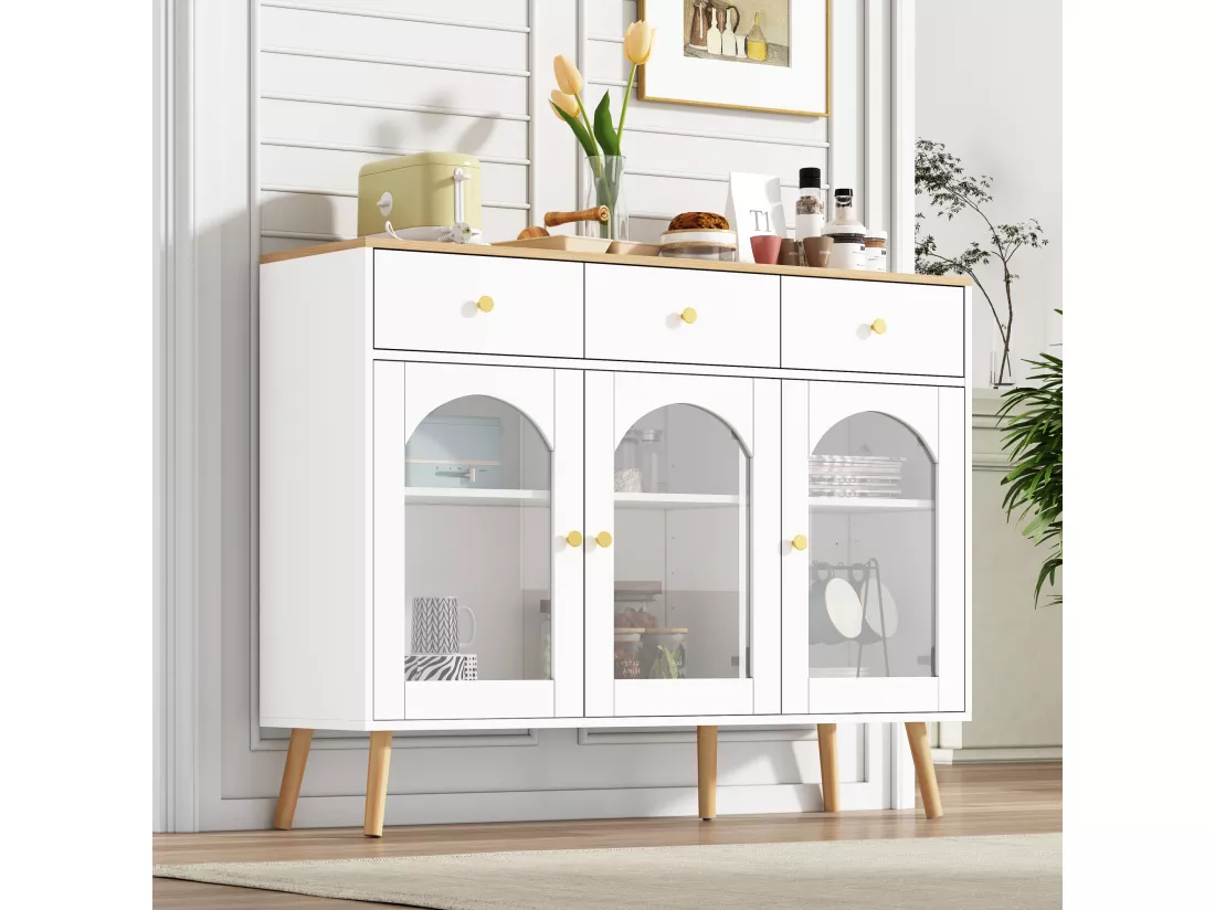 Buffet de cuisine avec 3 tiroirs et 3 portes en verre - 120 x 34 x 94 cm - Panneau de particules et Pièds en bois - Blanc + naturel